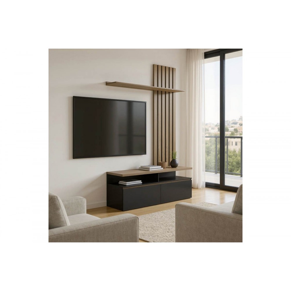 Σύνθετο σαλονιού "PERLENTO" σε  χρώμα μαύρο/σονόμα 140x41x219.5