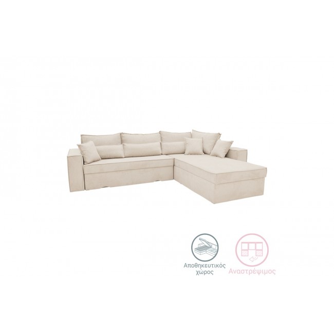 Γωνιακός καναπές-κρεβάτι "VENZIE" αναστρέψιμος από ύφασμα σε χρώμα μπεζ 283x214x83