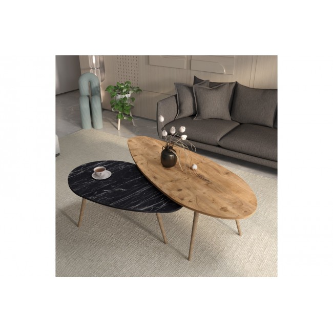 Τραπέζια σαλονιού "ΜΟΝΤΥ" 2τμχ σε χρώμα φυσικό/μαύρο μαρμάρου 116x46x46