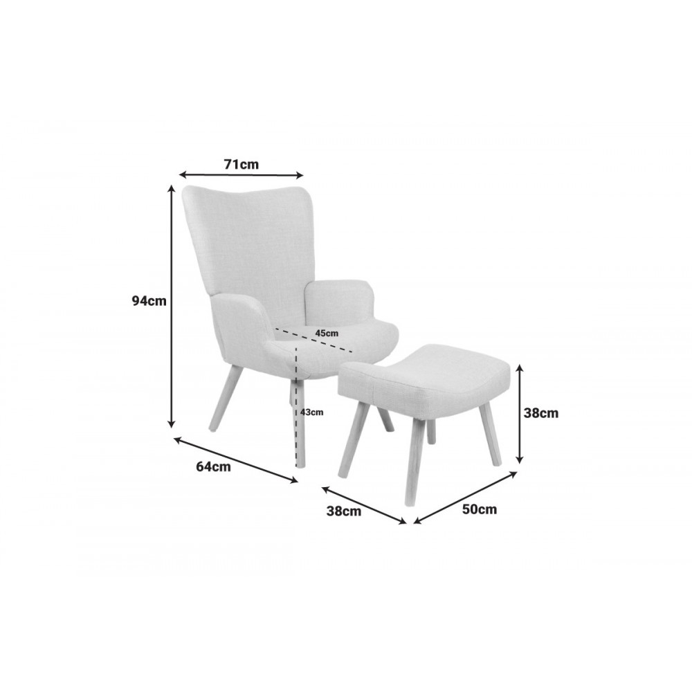 Πολυθρόνα-μπερζέρα "GERLINA" με υποπόδιο από ύφασμα/rubberwood σε χρώμα μπεζ/φυσικό 71x64x94