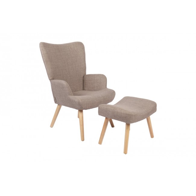 Πολυθρόνα-μπερζέρα "GERLINA" με υποπόδιο από ύφασμα/rubberwood σε χρώμα μπεζ/φυσικό 71x64x94