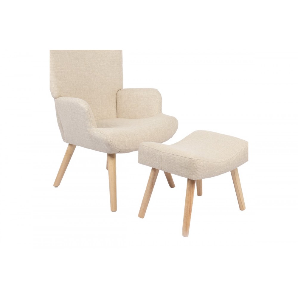 Πολυθρόνα-μπερζέρα "GERLINA" με υποπόδιο από ύφασμα/rubberwood σε χρώμα κρεμ/φυσικό 71x64x94