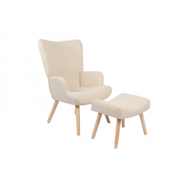 Πολυθρόνα-μπερζέρα "GERLINA" με υποπόδιο από ύφασμα/rubberwood σε χρώμα κρεμ/φυσικό 71x64x94