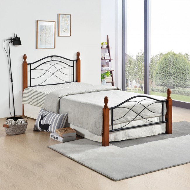 Κρεβάτι "POLANIAN" από ξύλο rubberwood σε χρώμα καρυδί/μαύρο μέταλλο 150x200