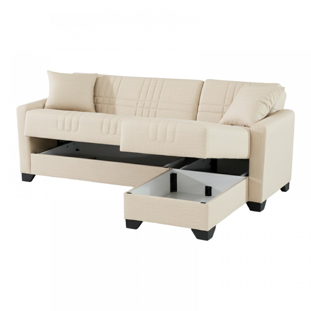 Γωνιακός καναπές-κρεβάτι "STASHIO"αναστρέψιμος από ύφασμα σε χρώμα κρεμ 202x143x84