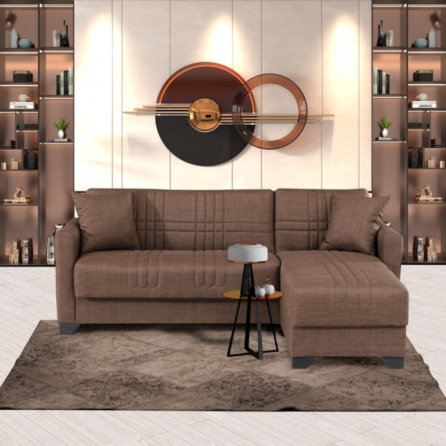 Γωνιακός καναπές-κρεβάτι "STASHIO" αναστρέψιμος από ύφασμα σε χρώμα καφε 202x143x84