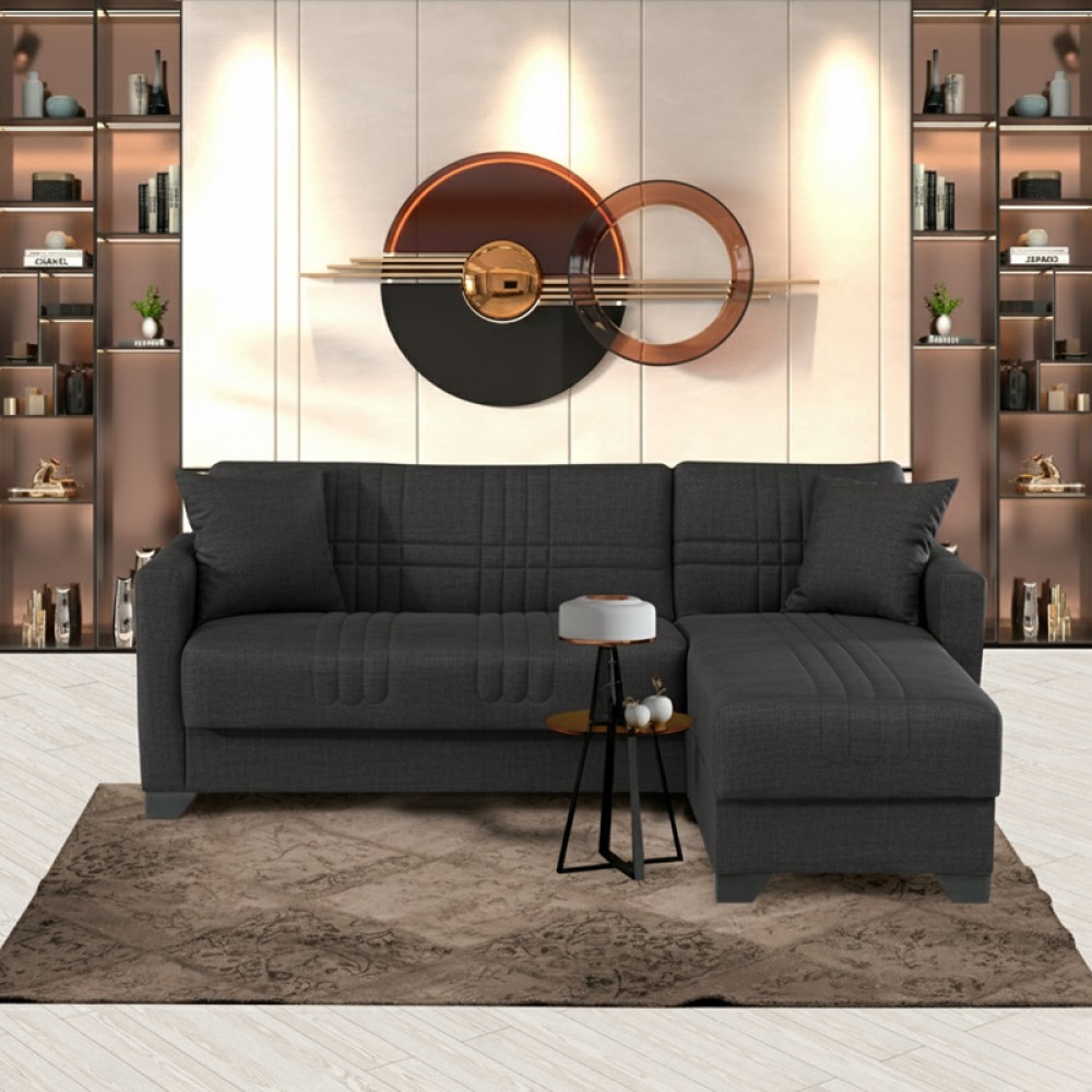 Γωνιακός καναπές-κρεβάτι "STASHIO" αναστρέψιμος από ύφασμα σε χρώμα ανθρακί 202x143x84