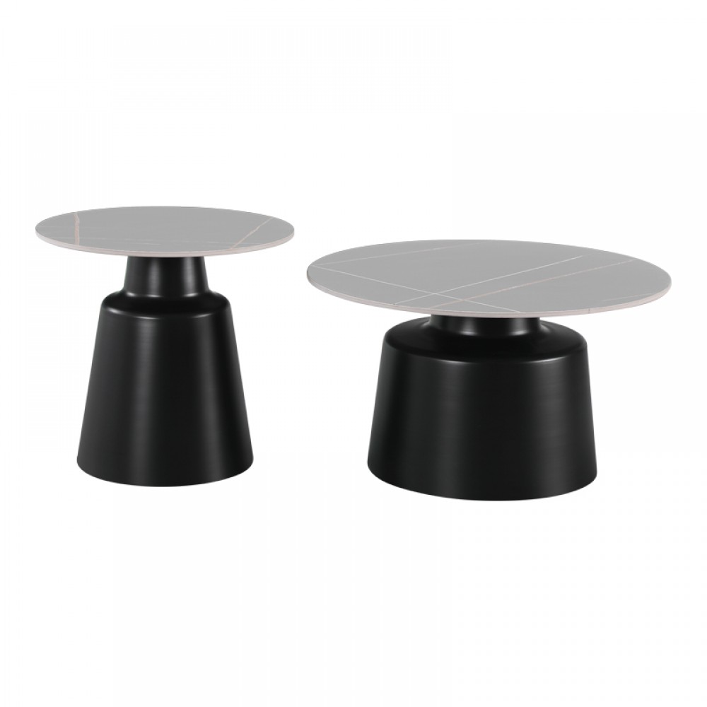 Σετ τραπέζια σαλονιού "DUALIS" 2 τμχ από μέταλλο-sintered stone σε χρώμα γκρι μαμρμάρου Φ70Χ38