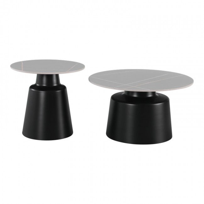 Σετ τραπέζια σαλονιού "DUALIS" 2 τμχ από μέταλλο-sintered stone σε χρώμα γκρι μαμρμάρου Φ70Χ38