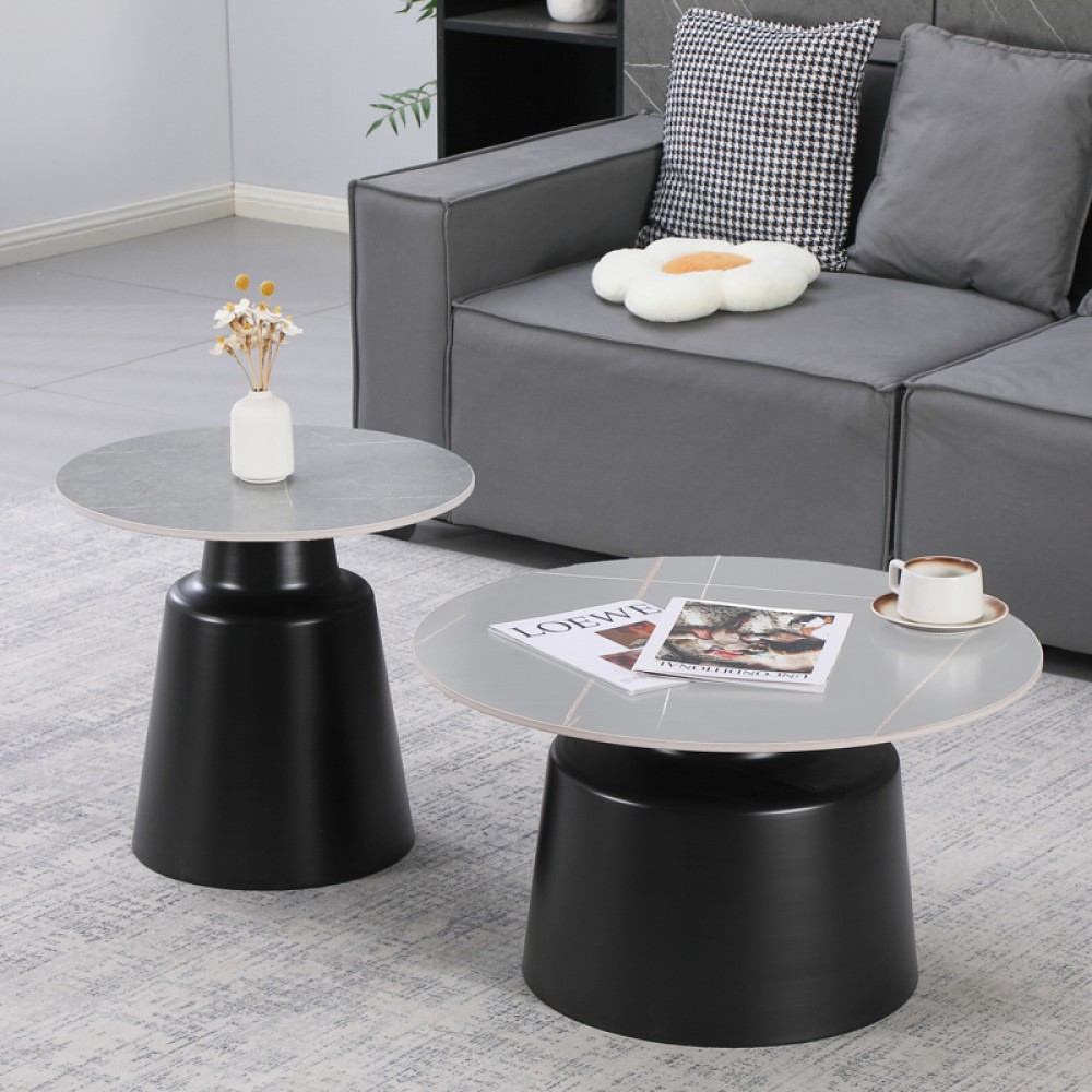 Σετ τραπέζια σαλονιού "DUALIS" 2 τμχ από μέταλλο-sintered stone σε χρώμα γκρι μαμρμάρου Φ70Χ38