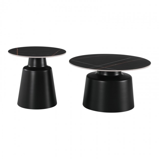 Σετ τραπέζια σαλονιού "DUALIS" 2τμχ από μέταλλο-sintered stone σε χρώμα μαύρο μαμρμάρου Φ70Χ38