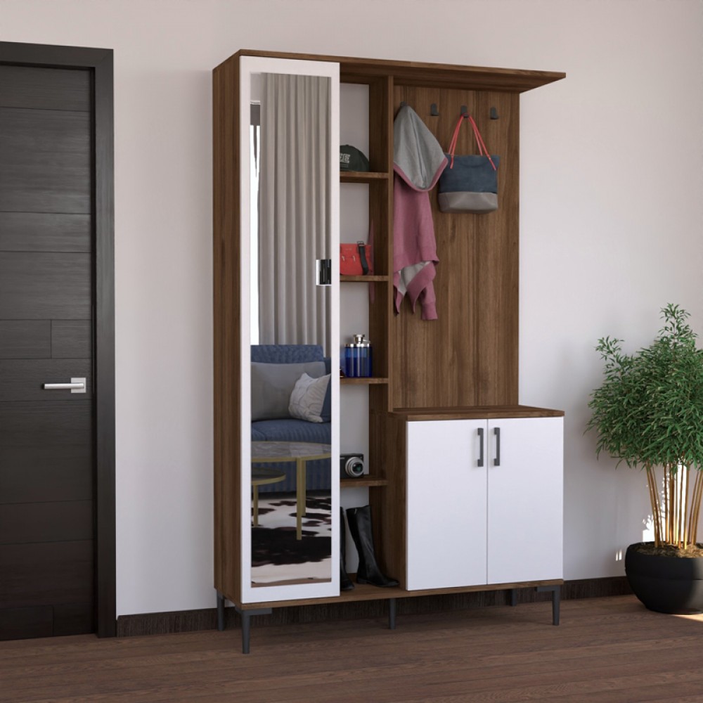 Έπιπλο εισόδου "MALENA" με καθρέπτη-κρεμάστρα σε χρώμα λευκό-καρυδί 120x37.5x199