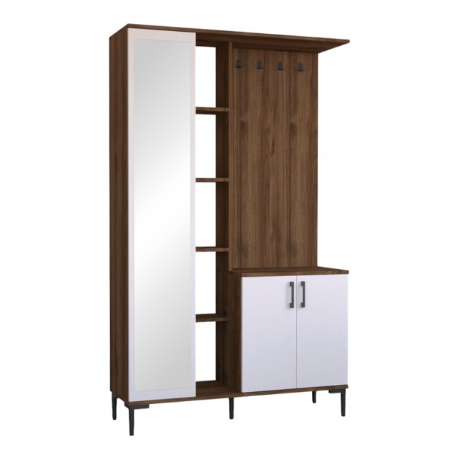 Έπιπλο εισόδου "MALENA" με καθρέπτη-κρεμάστρα σε χρώμα λευκό-καρυδί 120x37.5x199