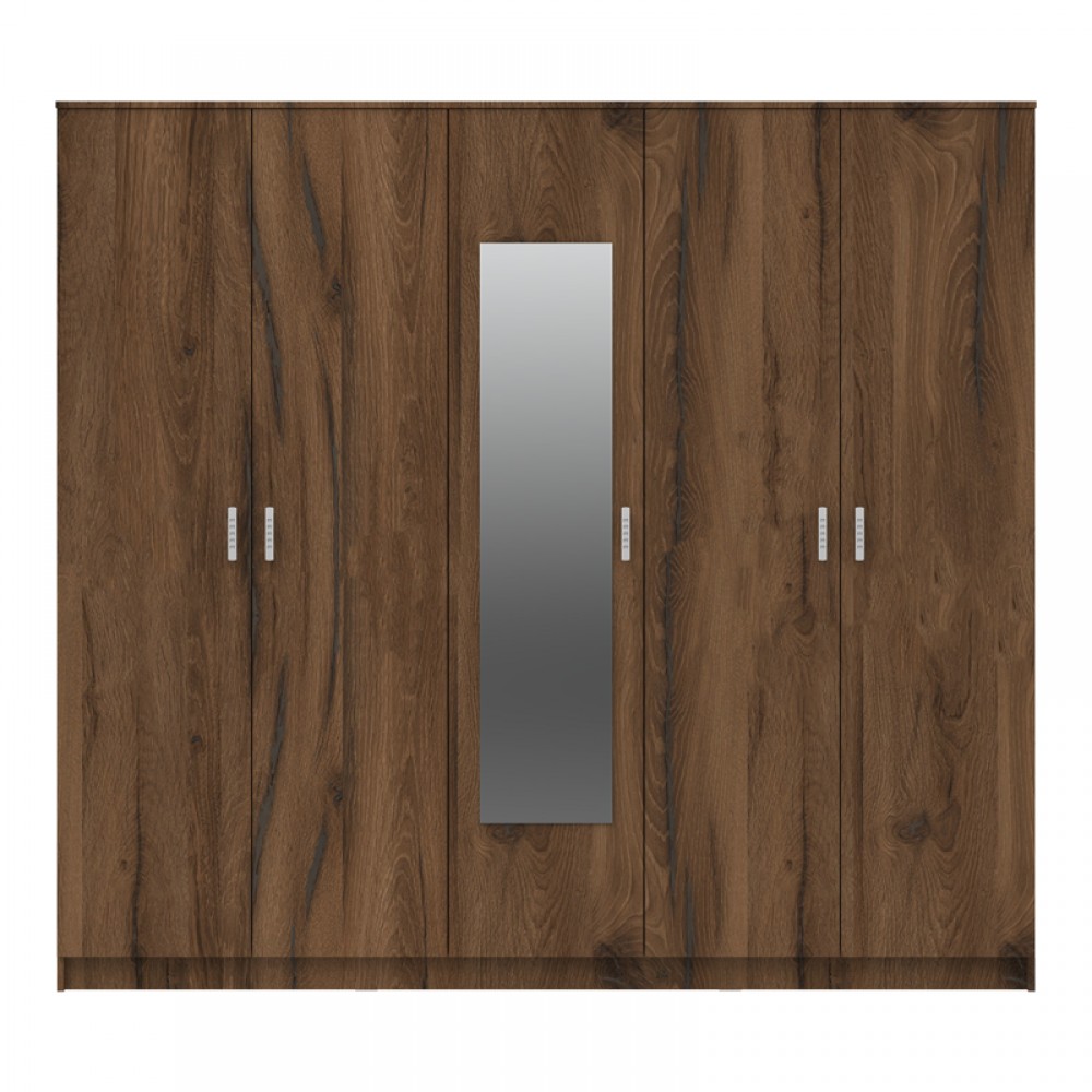 Ντουλάπα πεντάφυλλη "LUNA" με καθρέφτη σε χρώμα καρυδί-oak 220x52x200