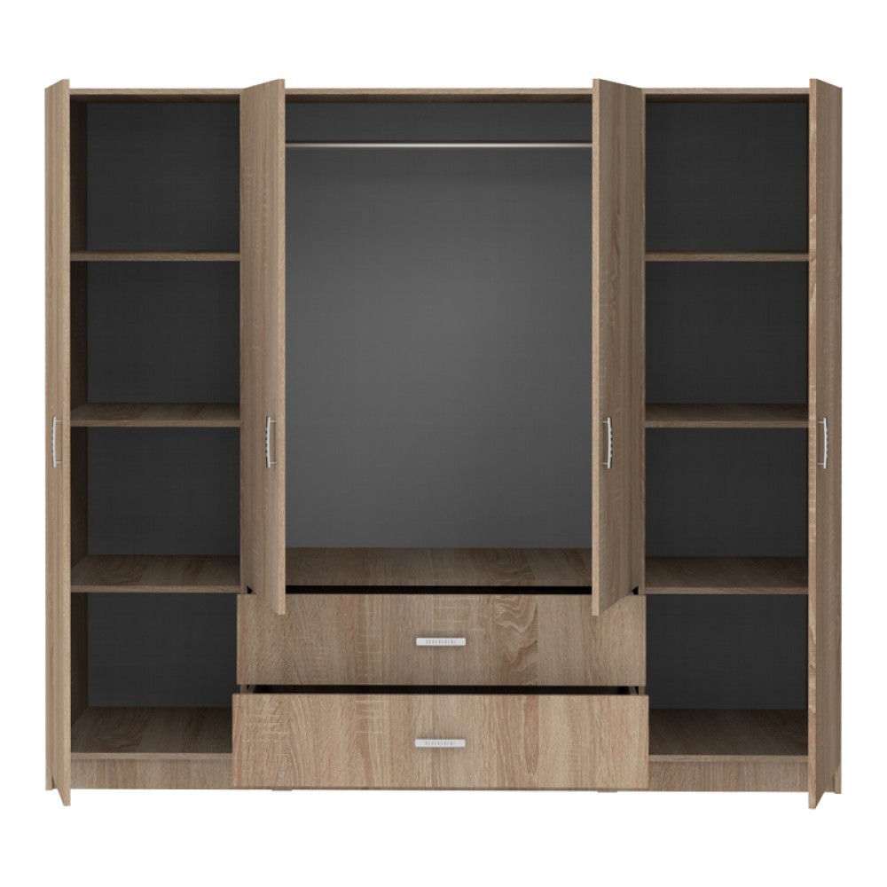 Ντουλάπα τετράφυλλη "ROYAL" με συρτάρια σε χρώμα sonoma 200x58x177