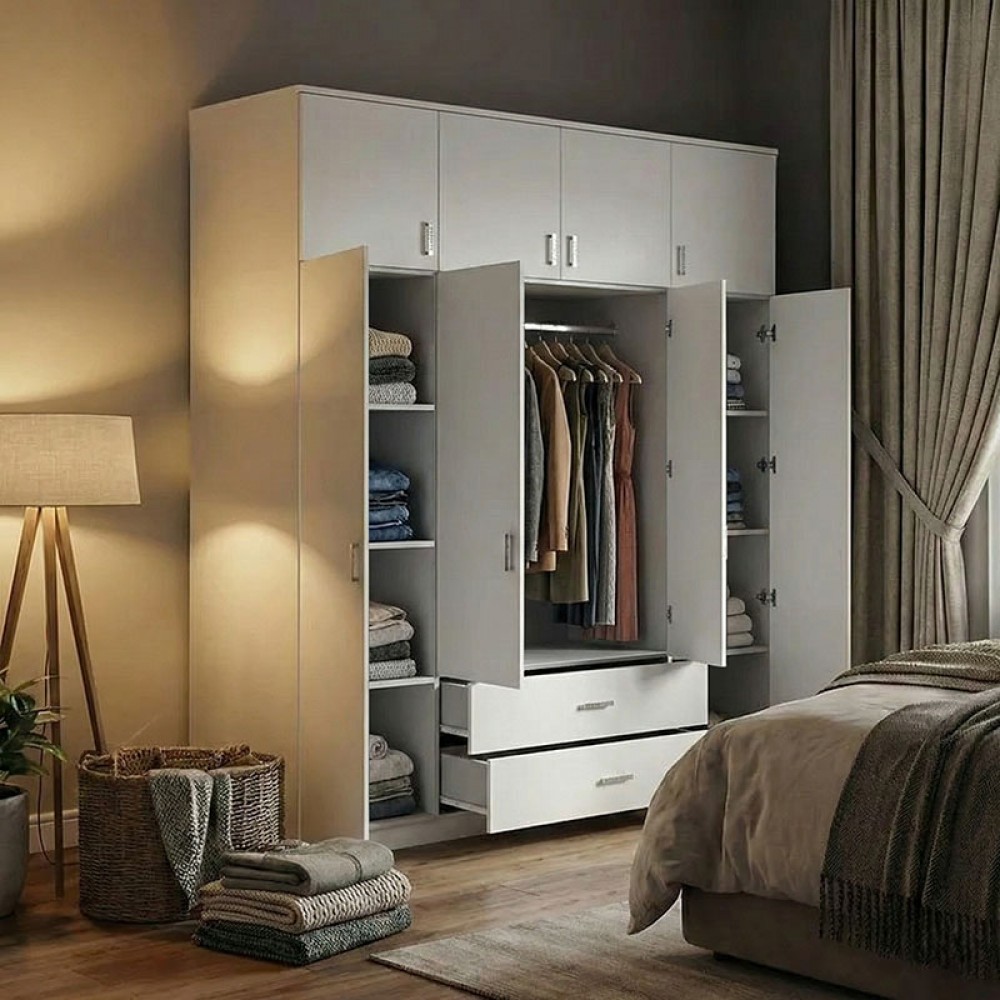 Ντουλάπα τετράφυλλη "ROYAL" με συρτάρια και πατάρι σε χρώμα λευκό 200x58x230