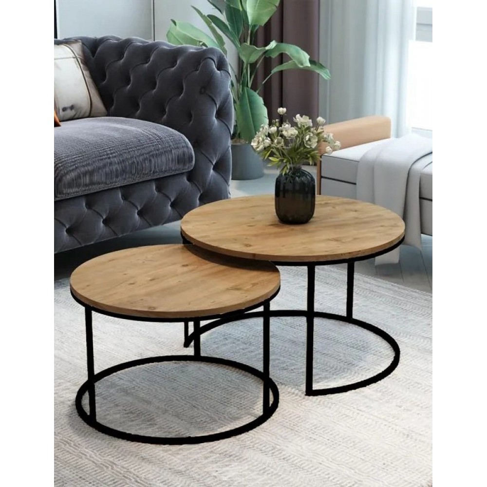 Σετ τραπέζια σαλονιού "SOLME" 2τμχ σε χρώμα φυσικό/μαύρο Φ75Χ45