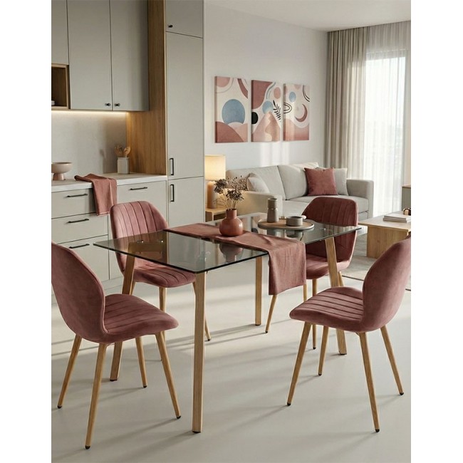 Σετ τραπεζαρίας με καρέκλες "JELOUR" 5τμχ από γυαλί/βελούδο σε χρώμα σάπιο μήλο 120x70x75