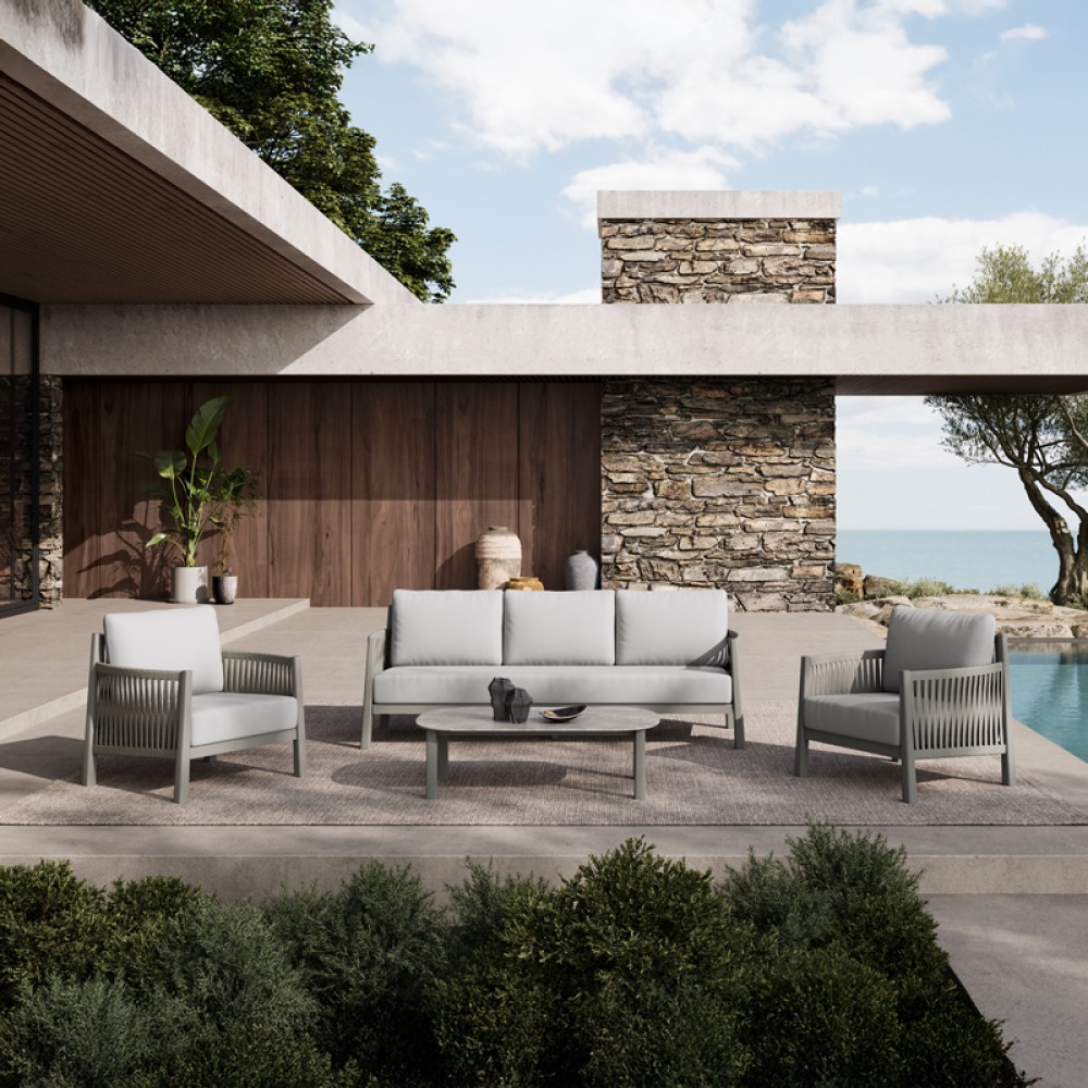 Σαλόνι εξωτερικού χώρου "FERALDA" 4τμχ από αλουμίνιο/rope με ύφασμα σε χρώμα ανοιχτό γκρι