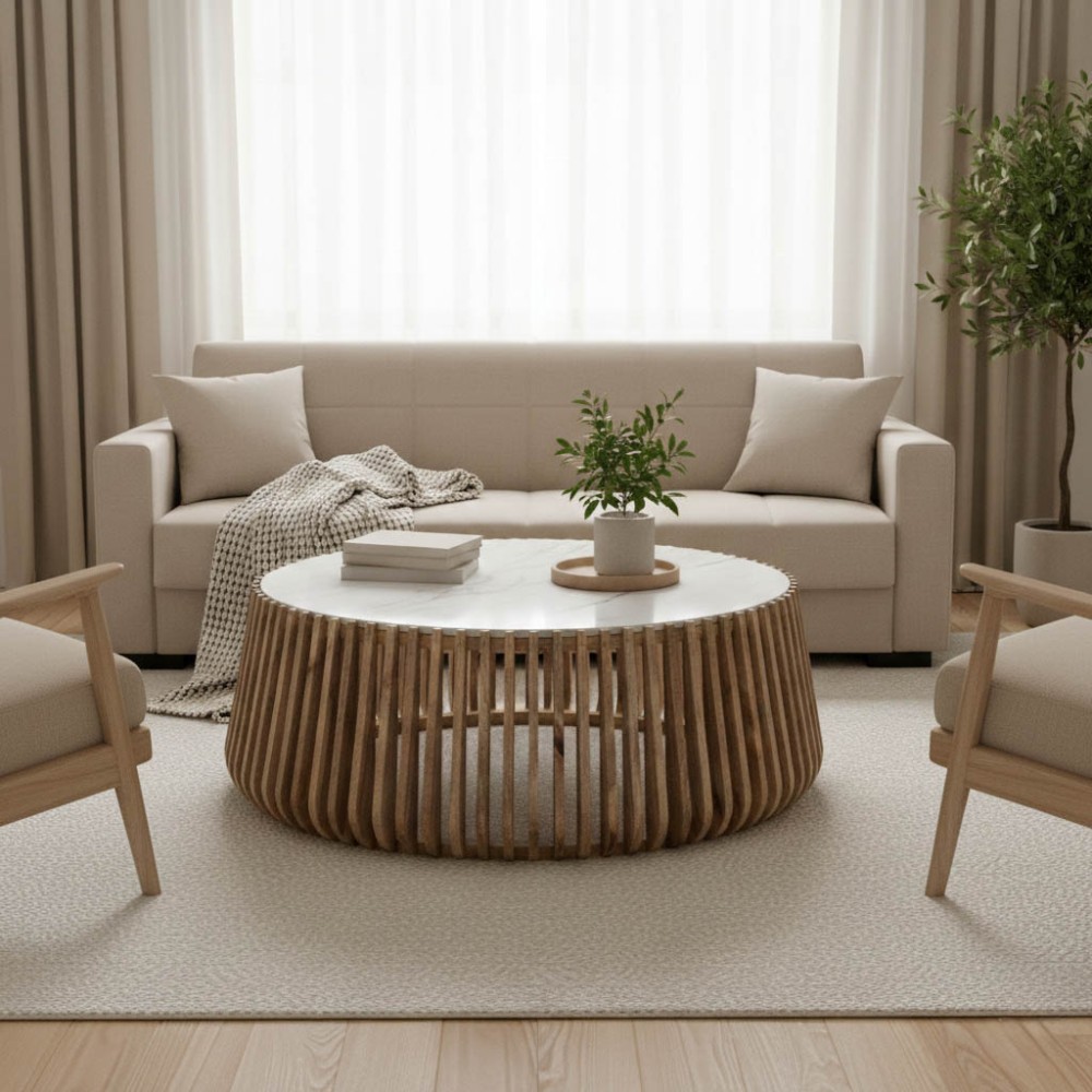 Τραπέζι σαλονιού "MABLE" από ξύλο σε χρώμα φυσικό Φ120x45