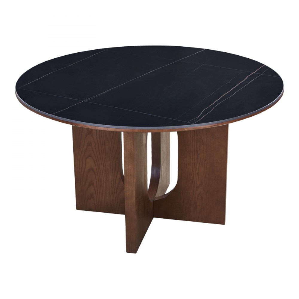 Τραπέζι "MERGE" από sintered stone/mdf σε χρώμα μαύρο μαρμάρου/καρυδί Φ130x75