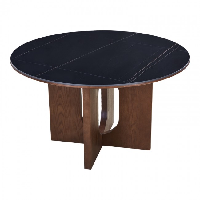 Τραπέζι "MERGE" από sintered stone/mdf σε χρώμα μαύρο μαρμάρου/καρυδί Φ130x75