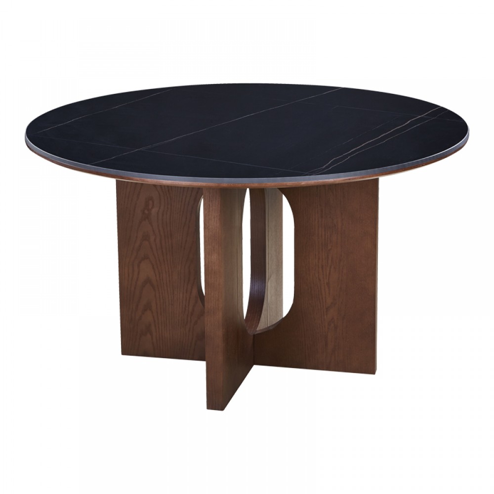 Τραπέζι "MERGE" από sintered stone/mdf σε χρώμα μαύρο μαρμάρου/καρυδί Φ130x75