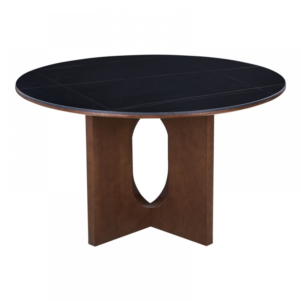 Τραπέζι "MERGE" από sintered stone/mdf σε χρώμα μαύρο μαρμάρου/καρυδί Φ130x75