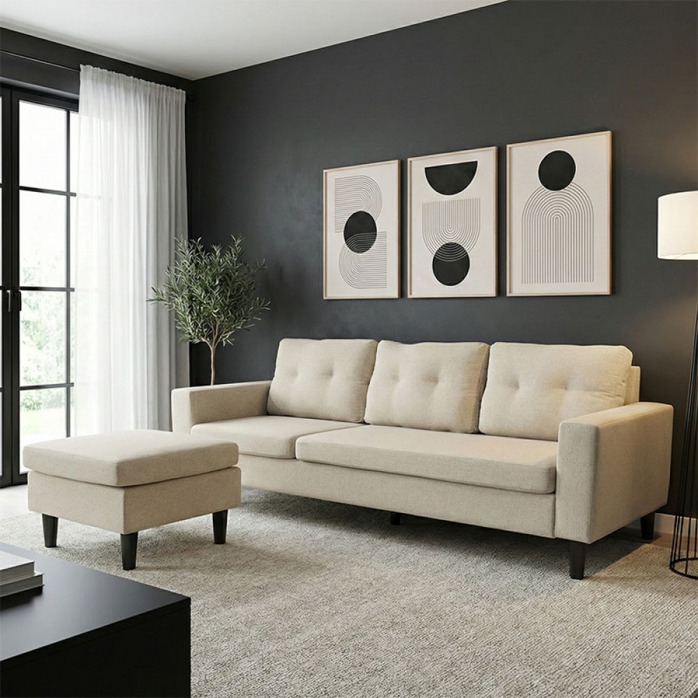 Γωνιακός καναπές "MANELI" αναστρέψιμος από ύφασμα σε χρώμα άμμου/μπέζ 196x138/77x82