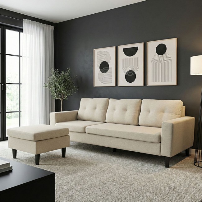 Γωνιακός καναπές "MANELI" αναστρέψιμος από ύφασμα σε χρώμα άμμου/μπέζ 196x138/77x82