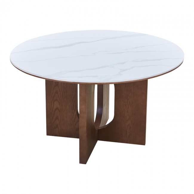 Τραπέζι "MERGE" από sintered stone/mdf σε χρώμα λευκό μαρμάρου/καρυδί Φ130x75