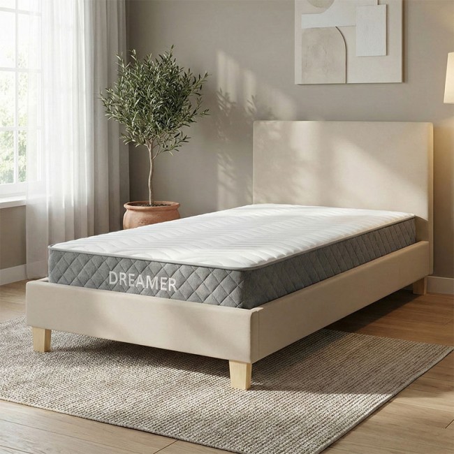 Κρεβάτι με στρώμα "NEVIL" μονό από ύφασμα/ξύλο σε χρώμα μπεζ/φυσικό 100x200