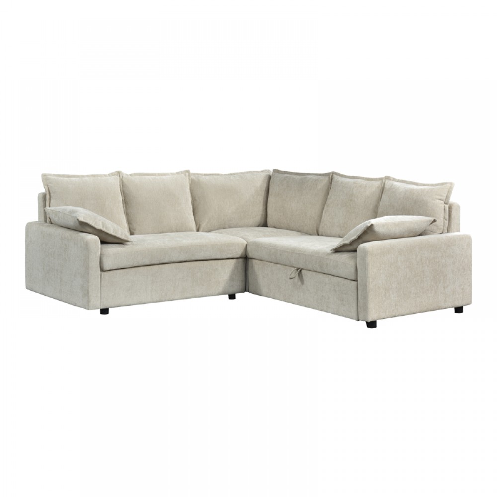 Γωνιακός καναπές-κρεβάτι "LOUNIVO" από ξύλο/ύφασμα σε μπεζ χρώμα 215x215x84