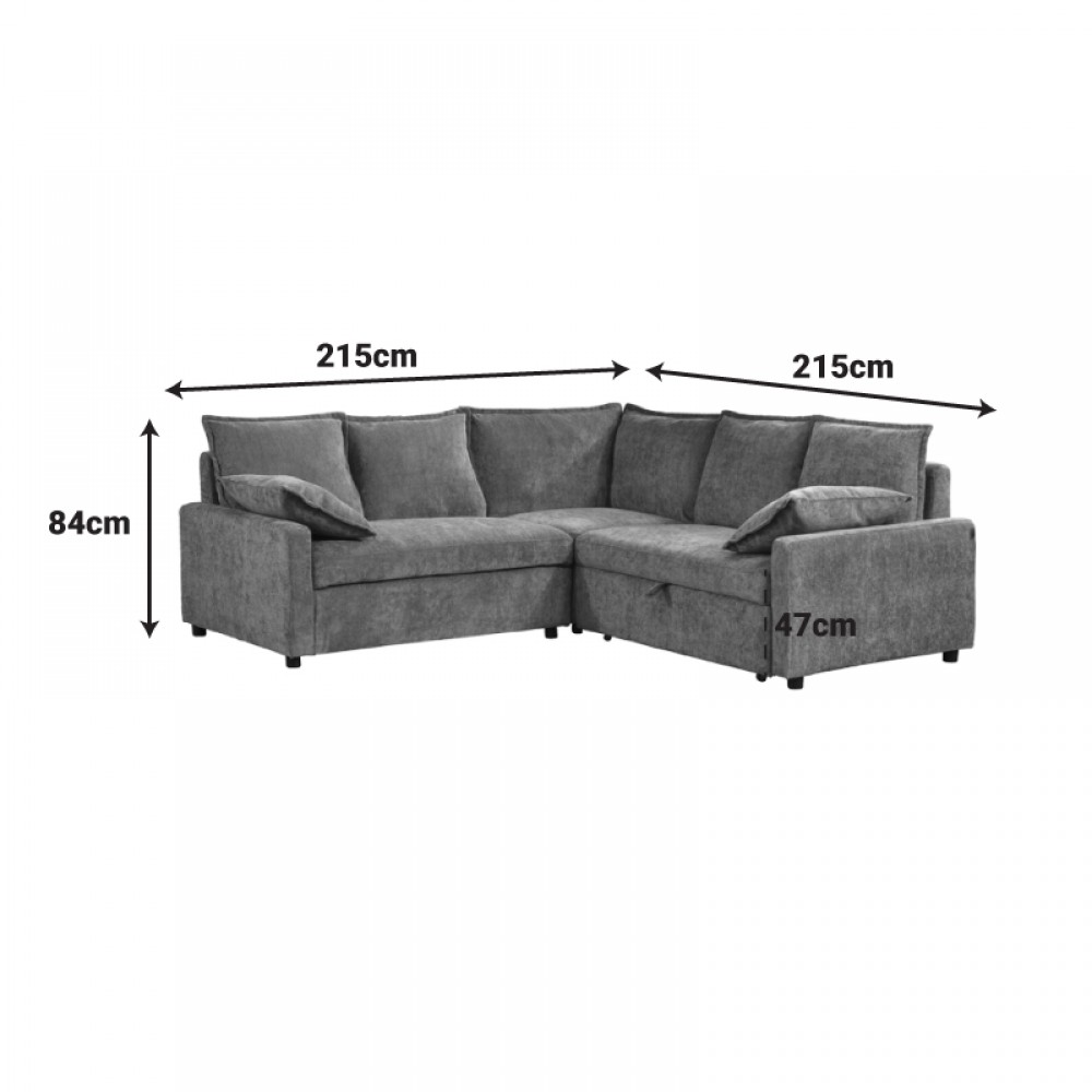Γωνιακός καναπές-κρεβάτι "LOUNIVO" από ξύλο/ύφασμα σε ανθρακί χρώμα 215x215x84