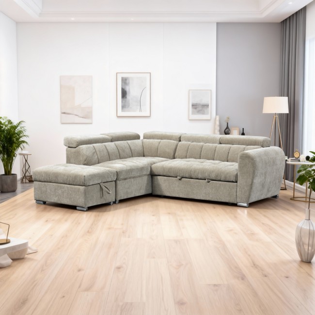 Καναπές-κρεβάτι "NUVORA" με δεξιά γωνία από ύφασμα σε μπεζ χρώμα 244x225x79