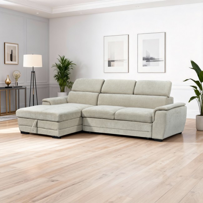 Καναπές-κρεβάτι "DREAMORA" με δεξιά γωνία από ύφασμα σε μπεζ χρώμα 270x167x82