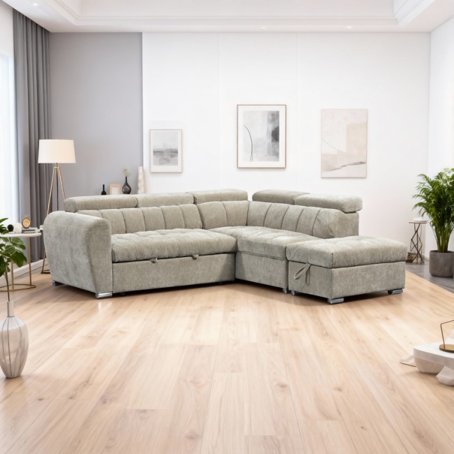 Καναπές-κρεβάτι "NUVORA" με αριστερή γωνία από ύφασμα σε μπεζ χρώμα 244x225x79