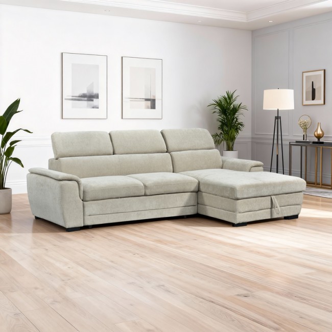 Καναπές-κρεβάτι "DREAMORA" με αριστερή γωνία από ύφασμα σε μπεζ χρώμα 270x167x82