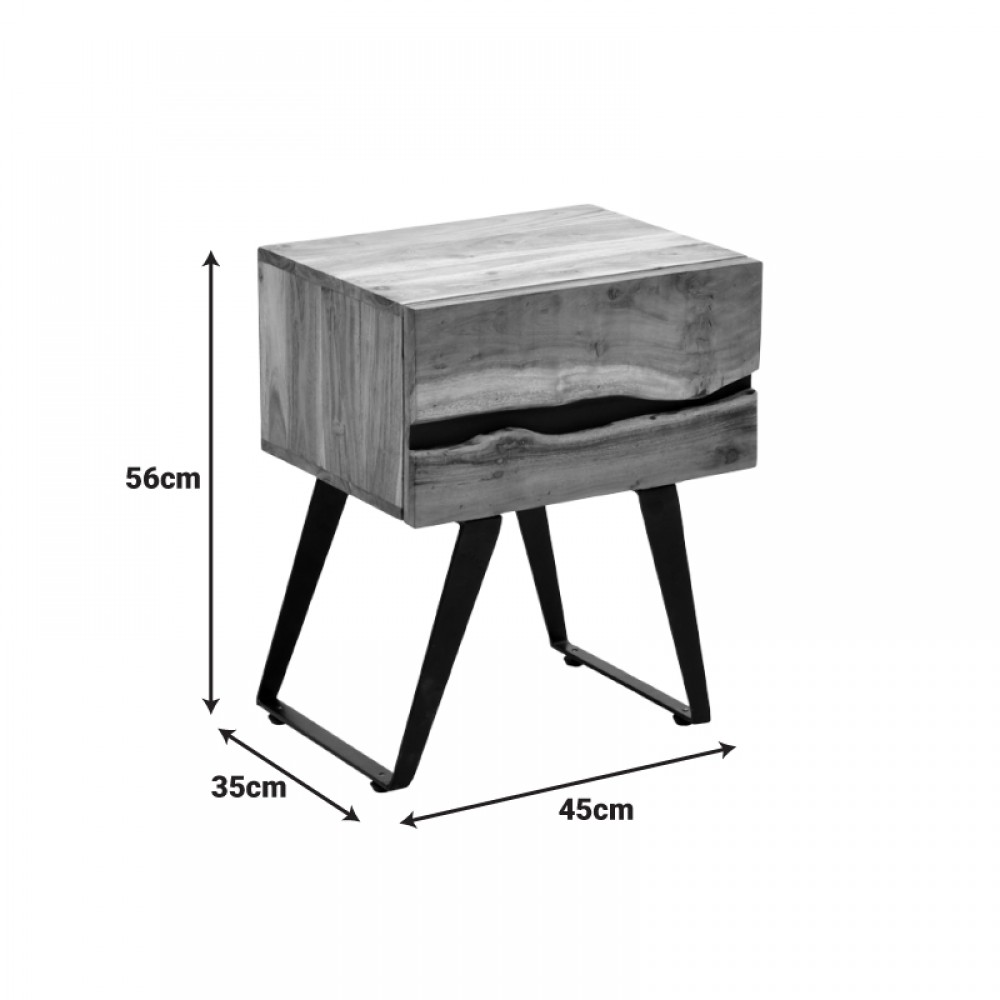 Κομοδίνο "IMENA" από μασίφ/μέταλλο σε φυσικό/μαύρο χρώμα 45x35x56