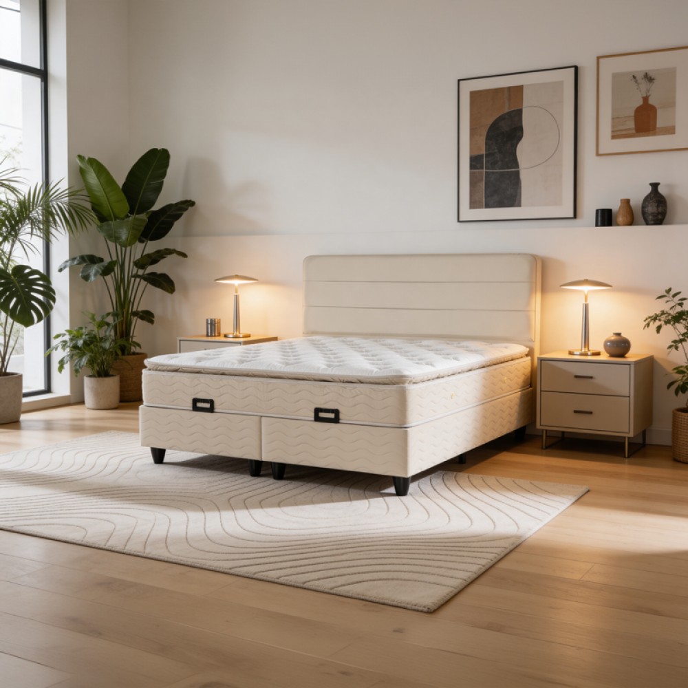 Κρεβάτι διπλό "LINTEDA" με αποθηκευτικό χώρο από βελούδο σε κρεμ χρώμα 160x200