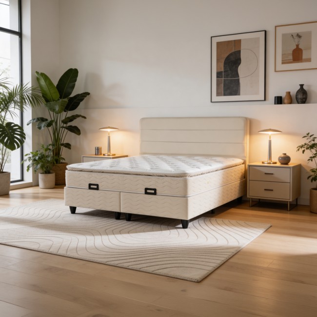 Κρεβάτι διπλό "LINTEDA" με αποθηκευτικό χώρο από βελούδο σε κρεμ χρώμα 160x200