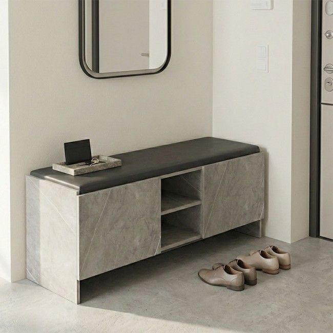 Παπουτσοθήκη-σκαμπό "ZULLA" σε γκρι μπεζ εφε μαρμαρου-μαυρο χρώμα 110x37x43