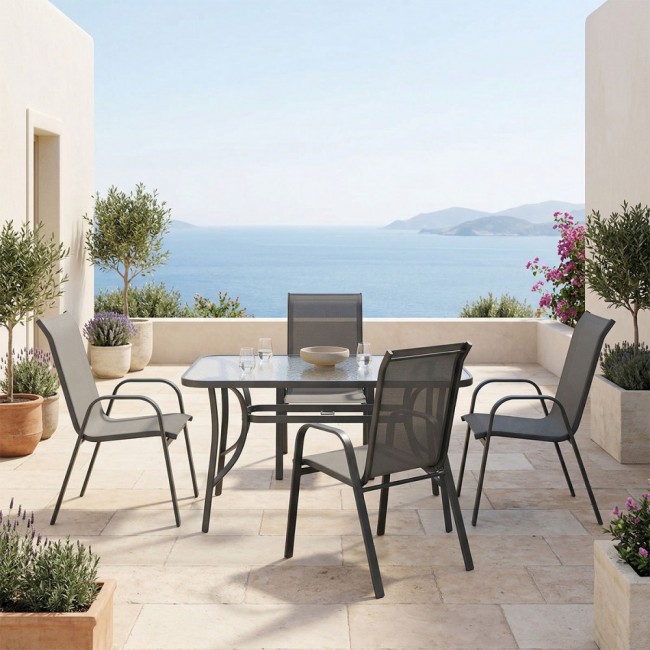 Τραπεζαρία εξωτερικού χώρου 5τεμ "ENSURE CALAN" από μέταλλο/γυαλί σε ανθρακί/διάφανο χρώμα 120x70x70