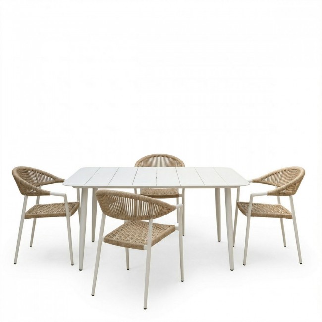 Τραπεζαρία εξωτερικού χώρου 5τεμ "AMMOS VISTA" από αλουμίνιο/σκοινί σε λευκό/φυσικό χρώμα 150x80x72