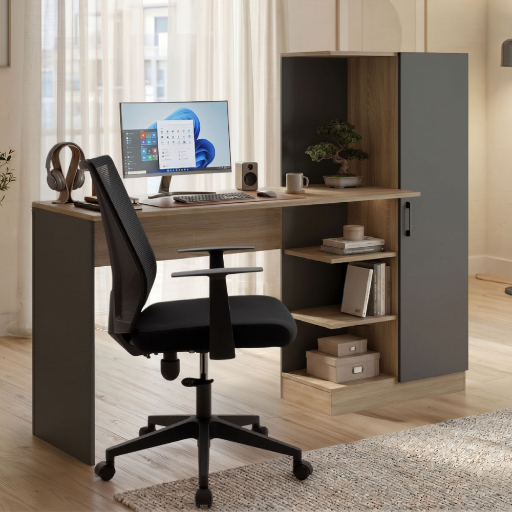 Γραφείο με βιβλιοθήκη και ντουλάπι "OFISIO" σε sonoma-ανθρακί χρώμα 152.3x40x120