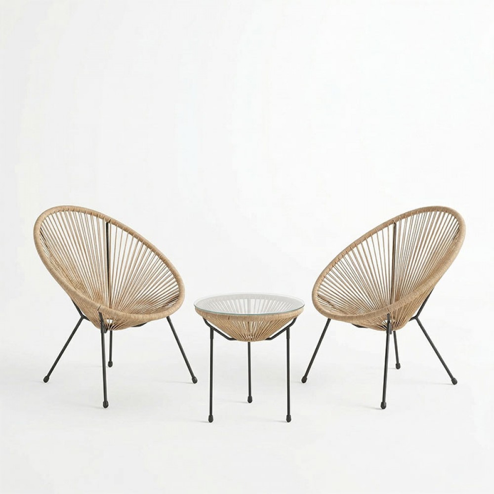 Σαλόνι εξωτερικού χώρου 3τεμ "ACAPULCO' από μέταλλο/rattan σε μαύρο/φυσικό χρώμα Φ50x52