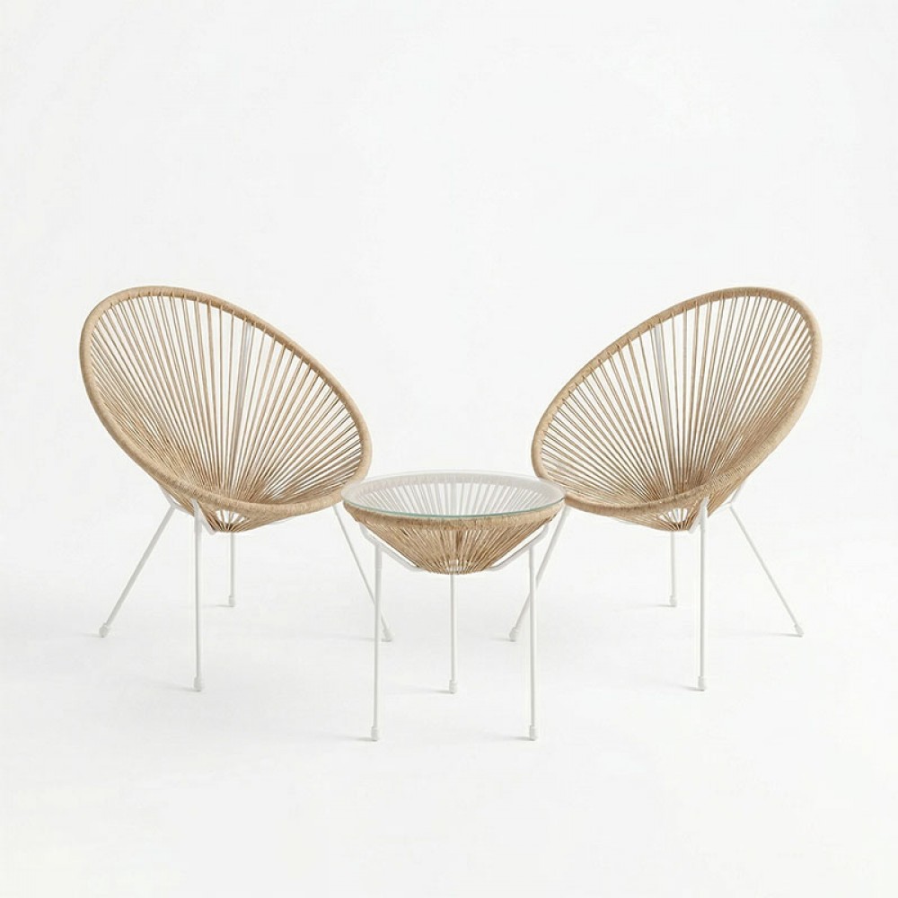 Σαλόνι εξωτερικού χώρου 3τεμ "ACAPULCO' από μέταλλο/rattan σε λευκό/φυσικό χρώμα Φ50x52