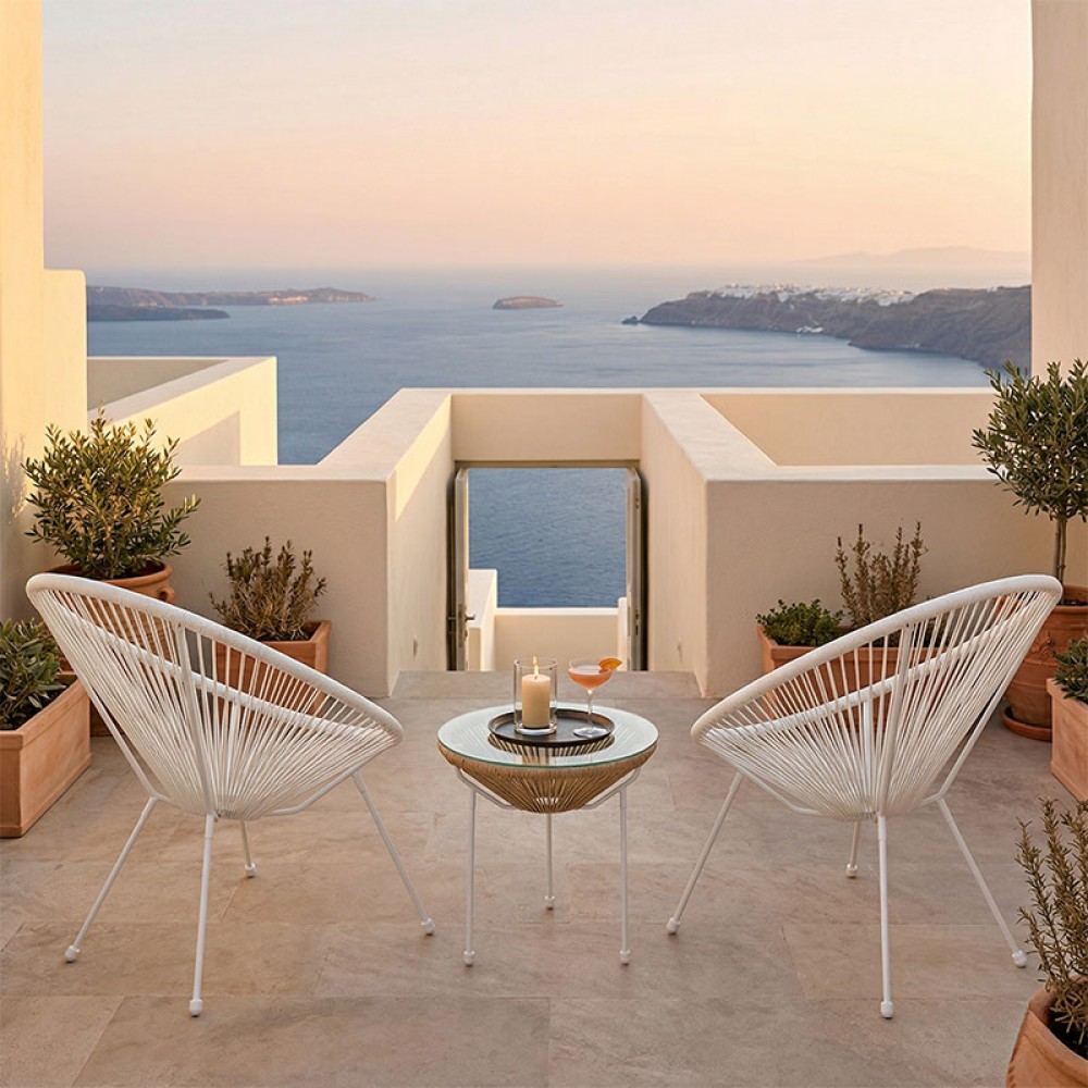 Σαλόνι εξωτερικού χώρου 3τεμ "ACAPULCO' από μέταλλο/rattan σε λευκό/φυσικό χρώμα Φ50x52