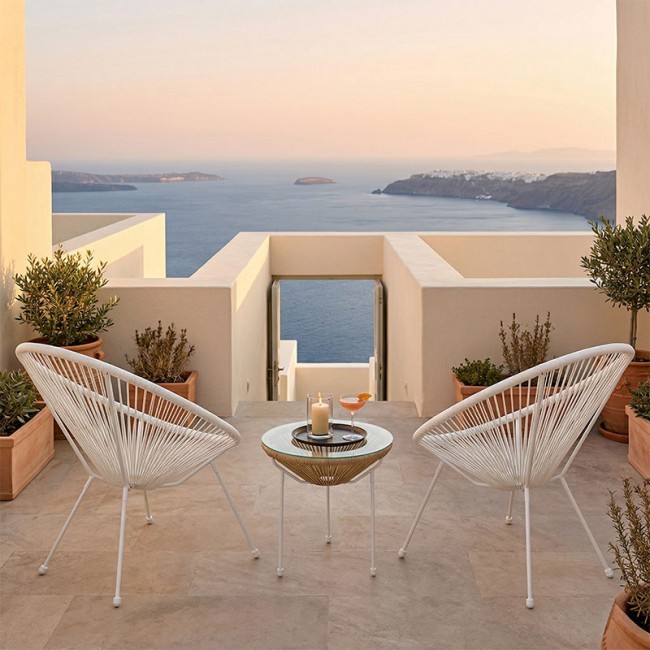 Σαλόνι εξωτερικού χώρου 3τεμ "ACAPULCO' από μέταλλο/rattan σε λευκό/φυσικό χρώμα Φ50x52