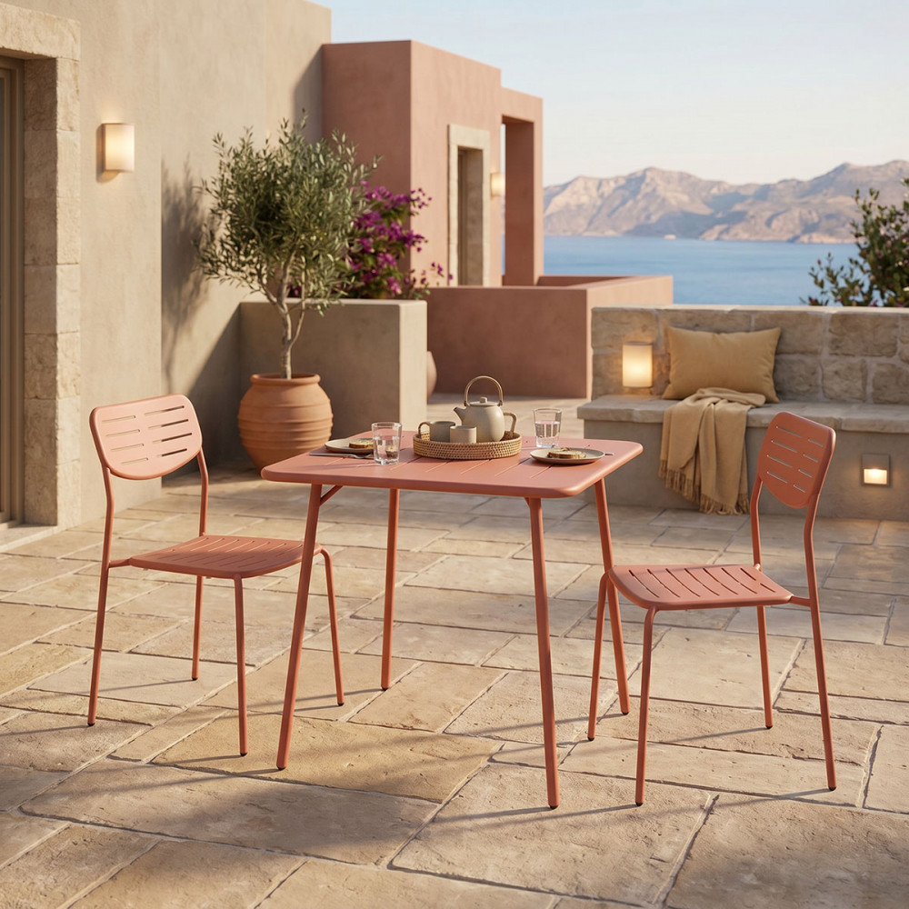 Τραπεζαρία εξωτερικού χώρου 3τεμ "MORAJA DERABY I" από μέταλλο σε terracotta χρώμα 70x70x73